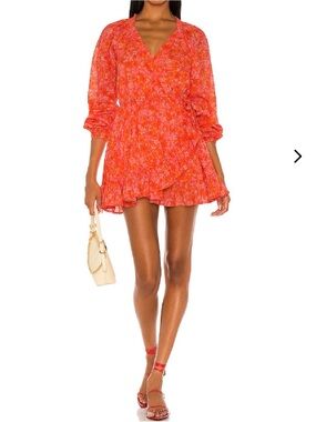 Lovers + Friends Reston Coral Floral Wrap Ruffle Mini Dress